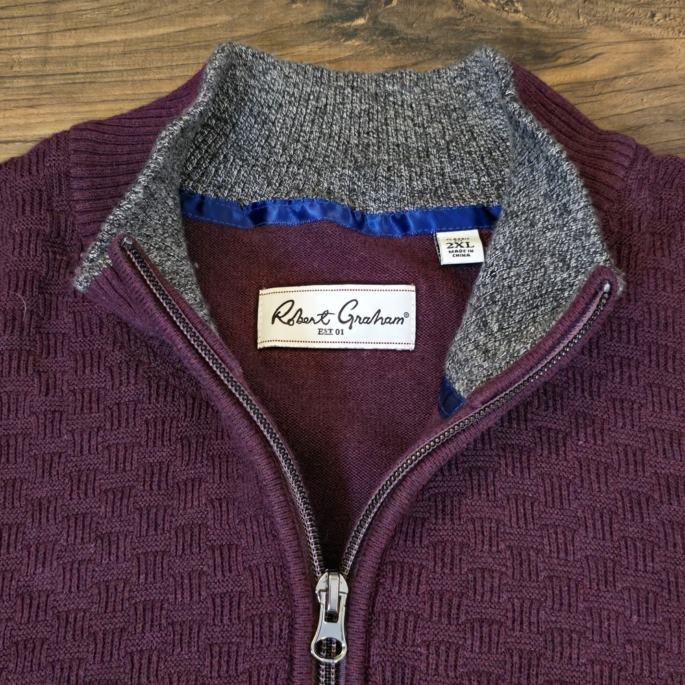 Robert Graham‎ Maroon Waffle Knit Quarter Zip Sweater 2XL Preppy